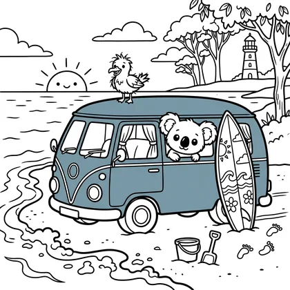 Beach Day with the Kombi colouring page preview
