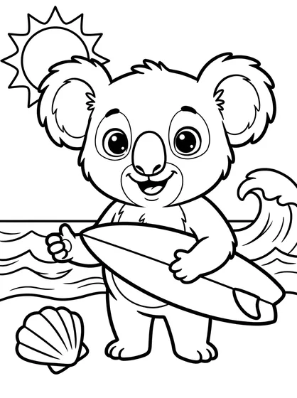 Koa Goes Surfing colouring page preview