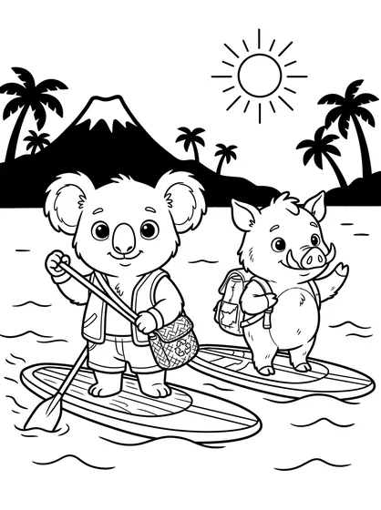 Paddleboarding with Moku colouring page preview