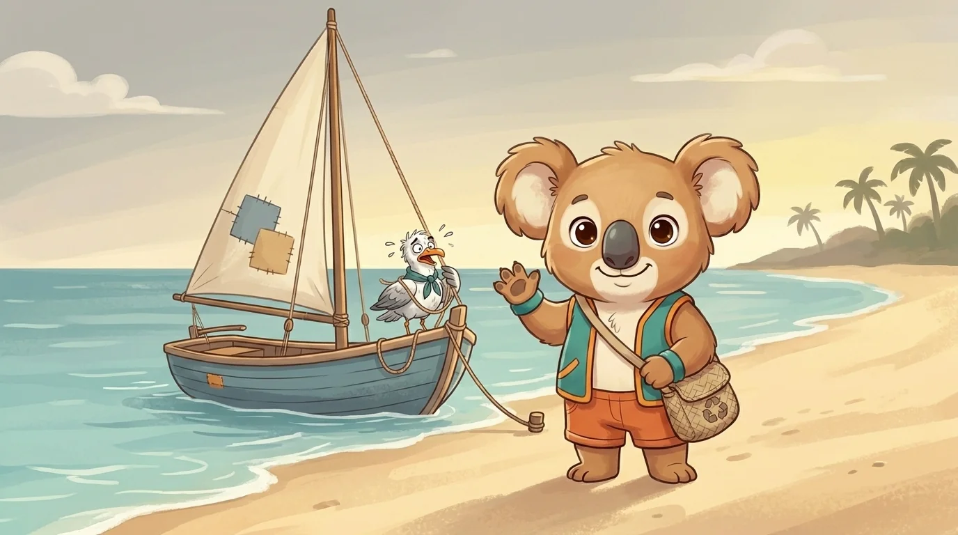 Koa waving on the beach while Gully wrestles the boat's mooring rope
