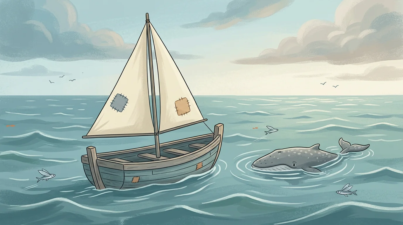 Koa's little patched-sail boat on the open Pacific, a whale surfacing gently beside it
